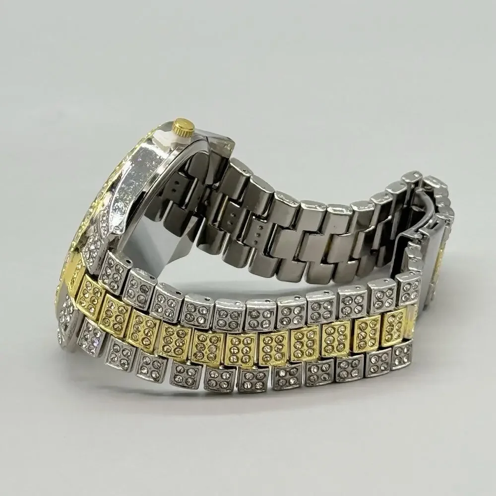 Mens Two Tone Iced Out Watch Green Sunray Dial Roman Numerals Bling Calendar